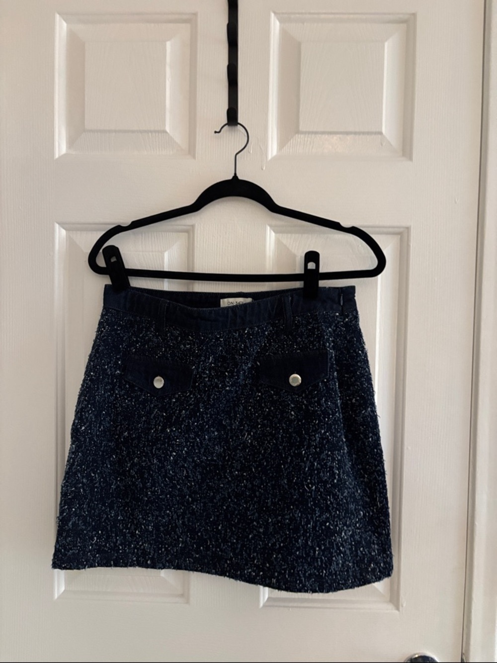 Textured Navy Bouclé Mini Skirt with Front Flap Pockets